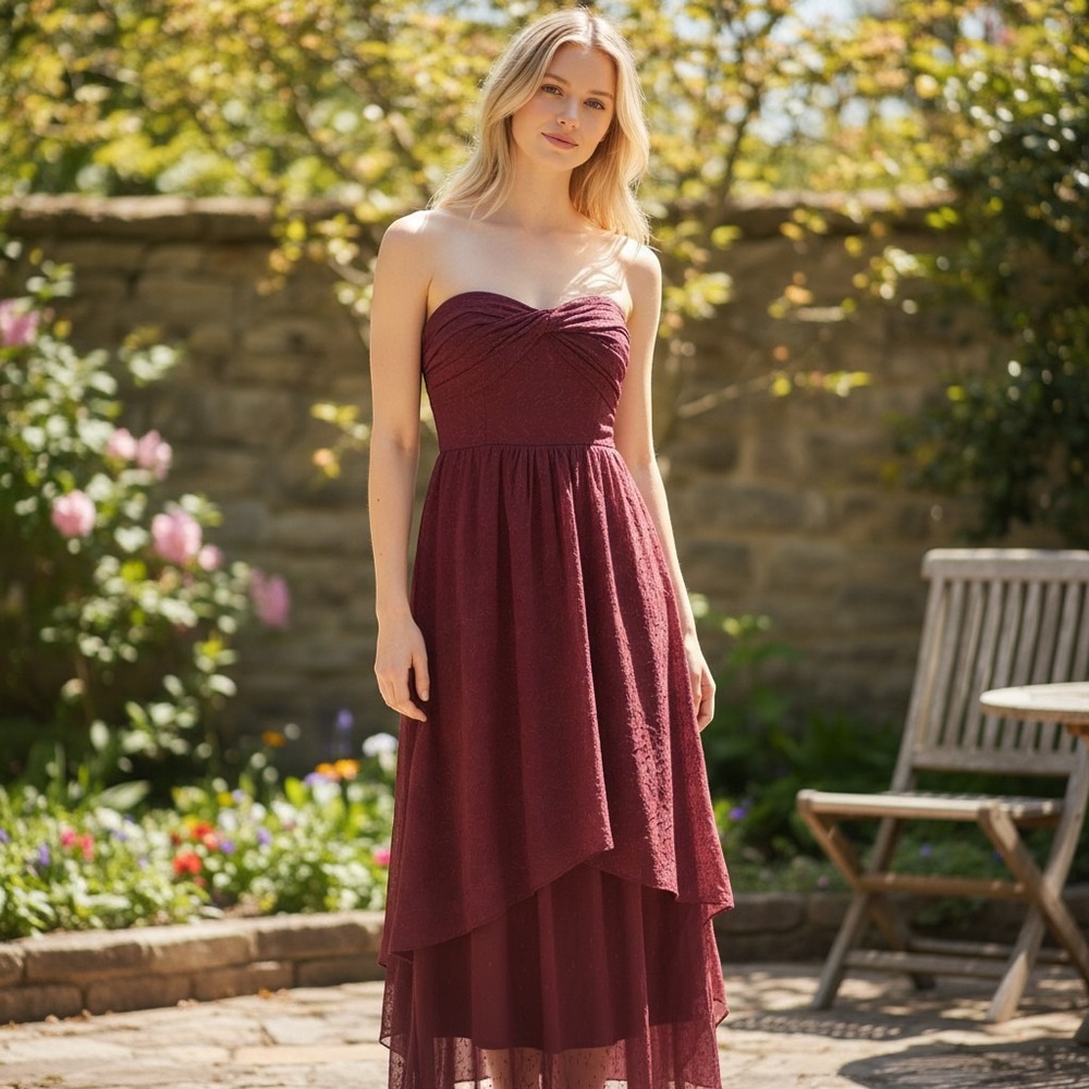 Free People Strapless Eyelet Maxi Dress S Burgundy Smocked Dark Romantic Boho
